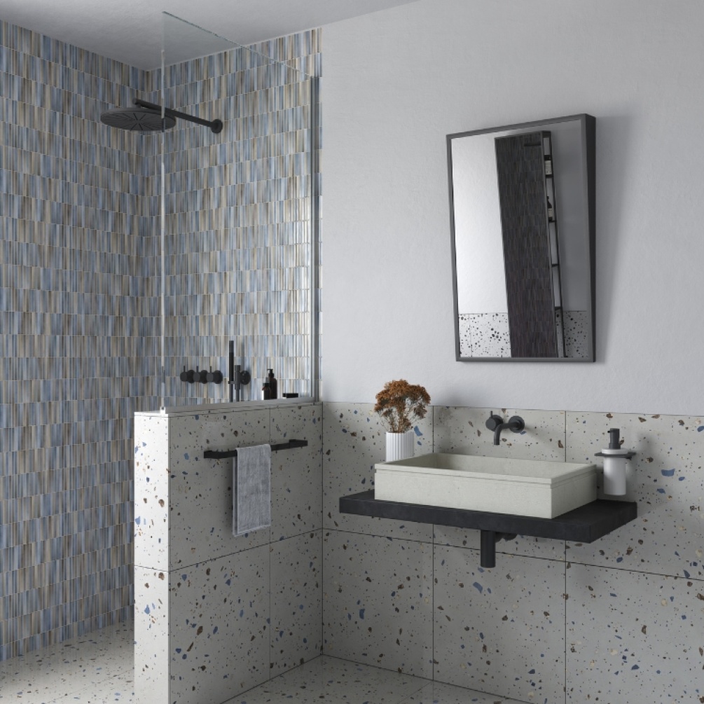 Product Lifestyle image of Origins Living Docklands Inclusive Angled Mirror Black in a tiled wetroom